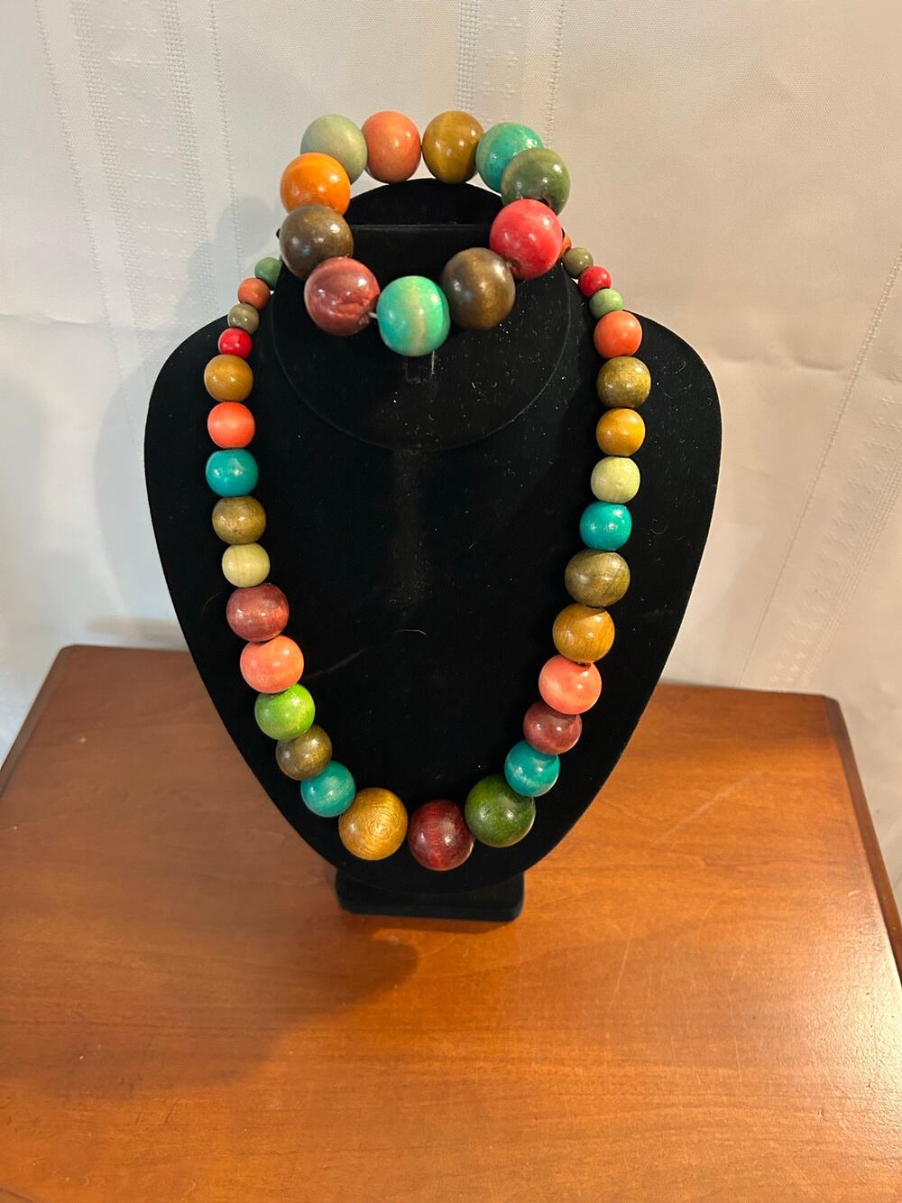 Vintage Wood Bead Necklace Bracelet Set 18" Graduated Chunky Multicolor Boho